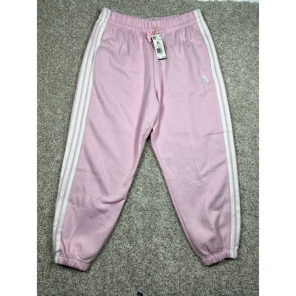 Adidas 3 Stripe Fleece Jogger Pants XL Pink White Cotton Blend NWT